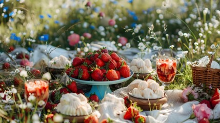 picnic setting with strawberry sundaes as the centerpiece