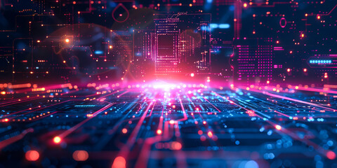 Fototapeta premium Futuristic Digital Circuit Pathway. Dynamic and vibrant digital circuit pathway with glowing pink and blue lights, representing advanced technology and innovation.