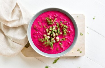 Delicious cold summer beetroot soup with cucumber and dill