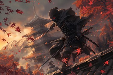 Fototapeta premium Ninja background closeup, Ninja, background, closeup, ninja mask, ninja outfit, ninja weapons, ninja eyes, stealth, martial arts, shadow, ninja star, katana, black costume, samurai, warrior, ninja ste