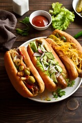 Hot dogs with different toppings on wooden table