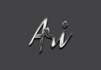 Chrome metal 3D Indonesian name design of Ari on grey background.	