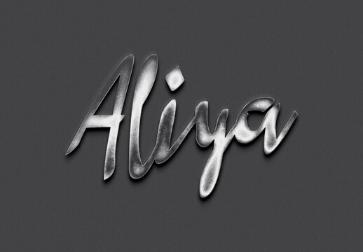 Chrome metal 3D Indonesian name design of Aliya on grey background.	