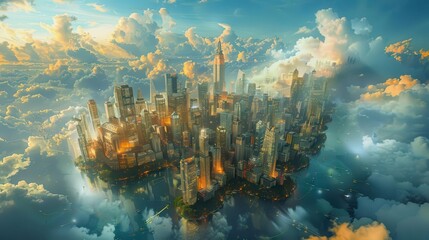 Panoramic aerial view of a bustling modern city merged with floating sky islands