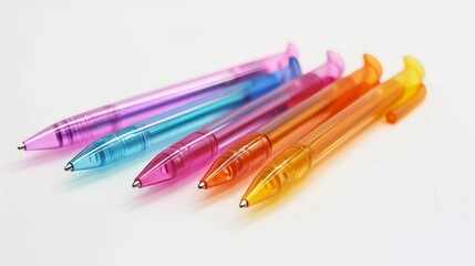 Colorful Collection of Transparent Ballpoint Pens in Pastel Shades on White Background