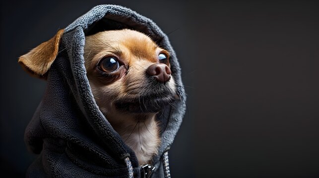A Thoughtful Chihuahua in a Hoodie Contemplates Life Against a Moody Backdrop