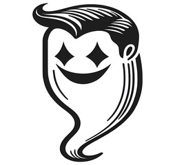Ghost slicked back hair retro style sketch. diamond-shaped eyes. funny halloween smile line art.