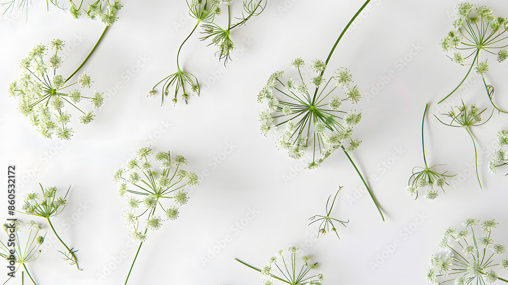 Poster flowering umbrella flowers of dill on a white background top view flat lay creative layout : generat