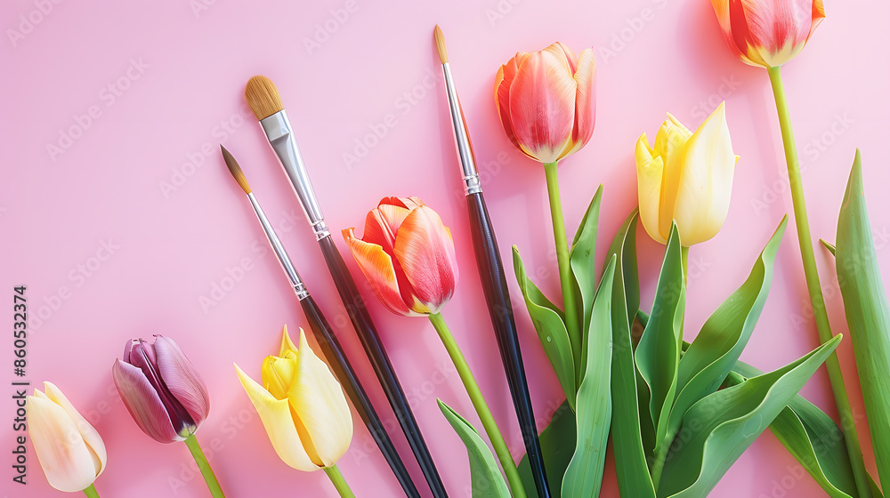 Poster creative spring concept made with paint brush and colorful tulip flowers on pastel pink background m