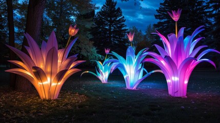 Vibrant Illuminated Flower Sculptures in Forest at Night