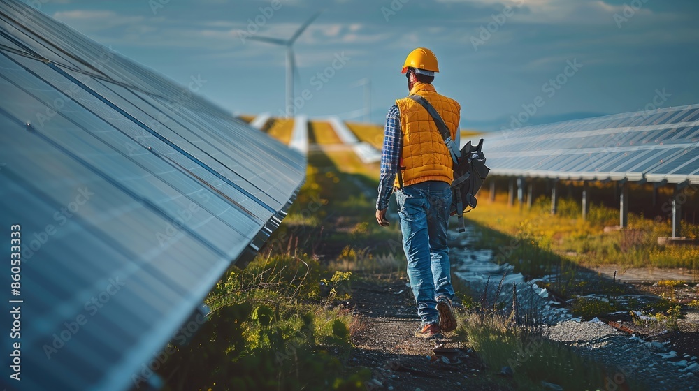 Poster An engineer walking with check up list in the solar power plant field. Generative AI.