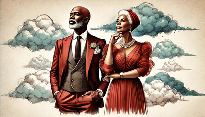 A stylish, well-dressed older man and woman standing confidently wearing elegant red attire in front of clouds