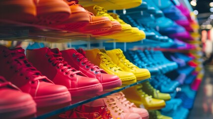 Fototapeta premium Display of colorful shoes on sale at a shoe store
