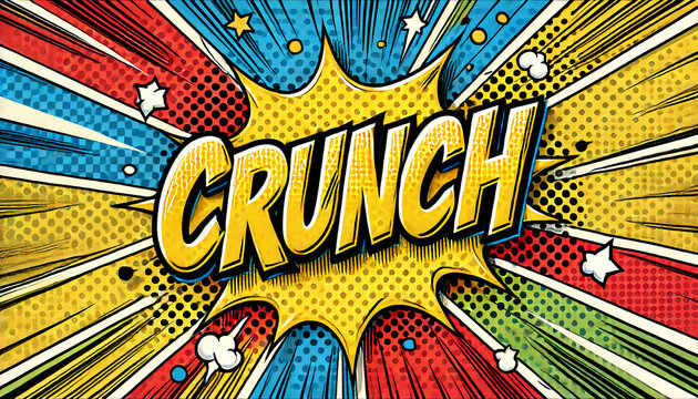 A vibrant comic book pop art style illustration featuring the word 'CRUNCH' in bold, yellow letters