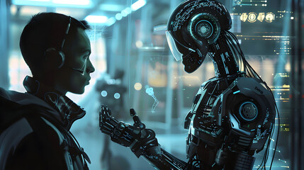 Business man AI artificial intelligence humanoid robot android conversation Futuristic technology collaborate future interaction integration workforce computers automation. Human replaced by robots
