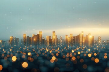 Glistening city skyline with glowing lights creates a magical evening atmosphere with a stunning urban panorama.