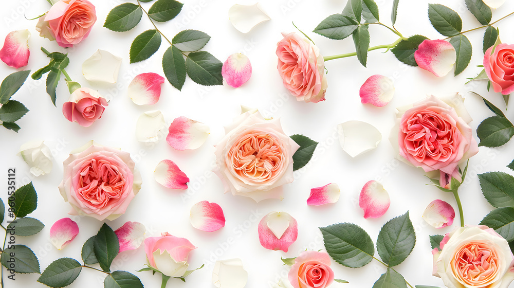 Poster flat lay frame with pink and white roses branches leaves and petals isolated on white background top