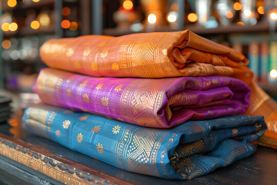 Folded colorful silk sarees with intricate gold patterns displayed on a table in a vibrant setting