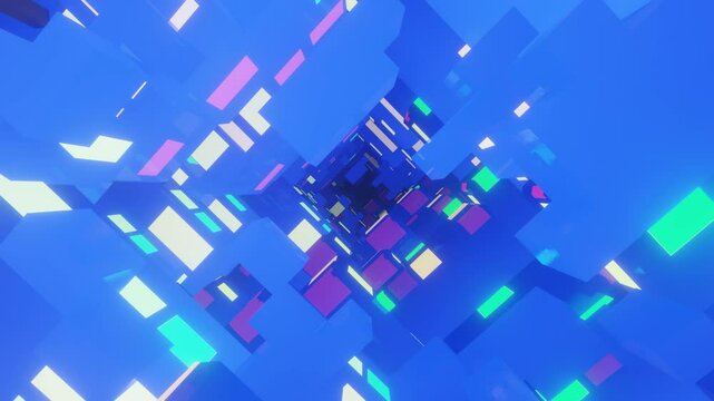 4k seamless looped animation. Fly through tunnel with light cubes or boxes, glow blocks form sci fi environment. Simple background, sci fi structure. Subsurface multicolored glow cubes form tunnel
