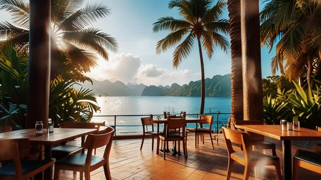 Wooden Restaurant  on a tropical beach, in a smooth looping background with 4K video animation.