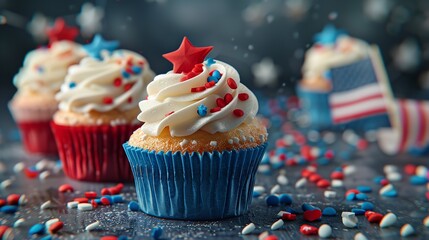 Red, white, and blue theme cupcakes with the USA flag