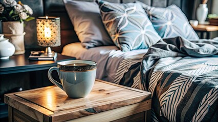 Cozy bedroom with a mug of coffee on a bedside table.