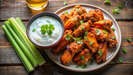 Plate of buffalo wings with celery and dipping sauce.