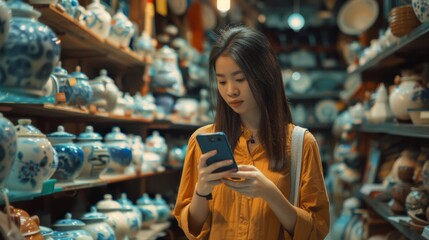 Fototapeta premium Woman in Asia using an app to find and buy handmade ceramics