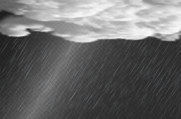 Raindrops on transparent background. Storm with rain and white cloud isolated on transparent background. Downpour, hail rainy weather. png.