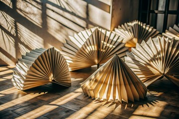 A collection of paper fans are arranged on a wooden floor