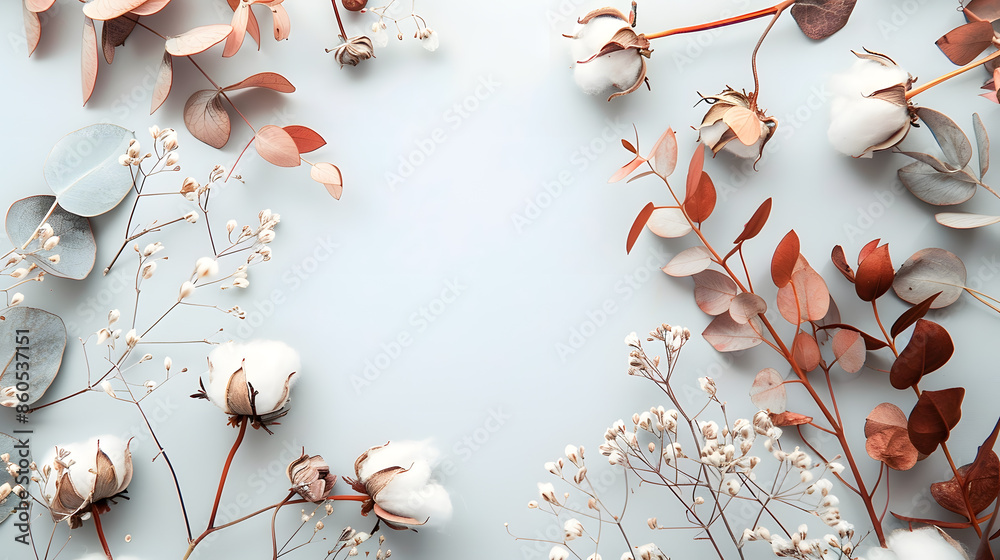 Poster autumn composition frame made of eucalyptus branches cotton flowers dried leaves on pastel gray back