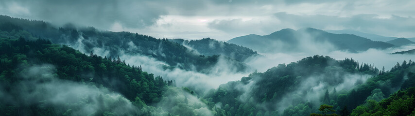 Obraz premium view over wooded mountain slopes, created with generative AI technology