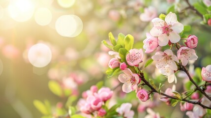 Fototapeta premium Close-up of peach blossoms in spring, with outdoor background. Ai generated image