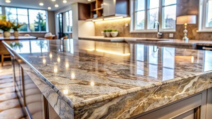 Modern kitchen with marble countertops and stylish lighting.