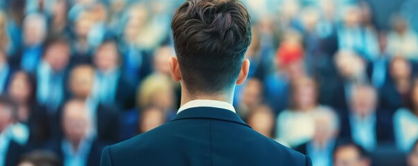 Businessman delivering a speech to a large audience of professionals at a conference. Rear view of a professional event setting.
