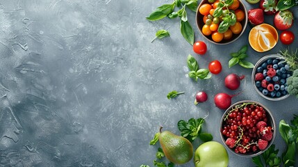 Fresh and colorful fruits and veggies arranged on a table, making a tasty spread. The background is...