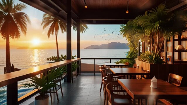 Wooden Restaurant  on a tropical beach, in a smooth looping background with 4K video animation.