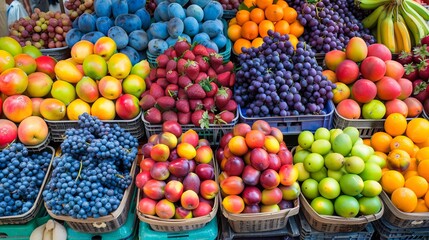 Fresh fruits in a variety of colors and sizes are neatly displayed at a local market stall for customers to buy.