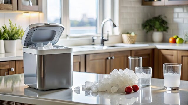 Modern kitchen with a countertop ice maker and glasses of ice.