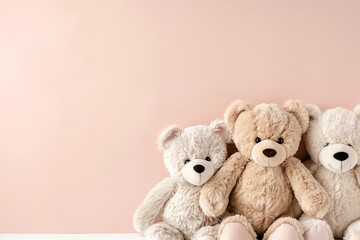 Obraz premium Three teddy bears sitting on a pink background.