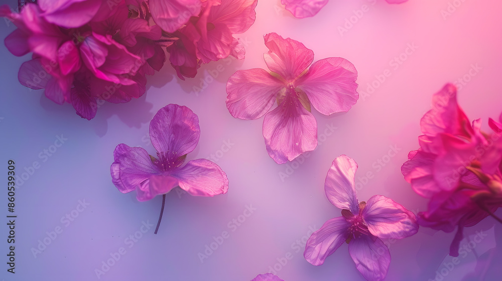 Poster Creative layout made with pink and violet flowers on bright background Flat lay Spring minimal concept : Generative AI