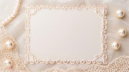 Elegant blank card with pearl and lace decor.