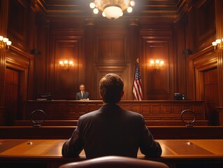 A defense attorney defending their client in a courtroom trial