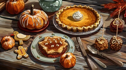 Cozy Thanksgiving Dessert Spread on Rustic Wooden Table with Pumpkin Pie Gingerbread and Playful Cake Pops