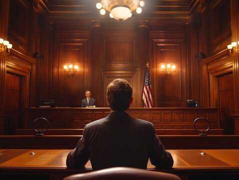 A defense attorney defending their client in a courtroom trial