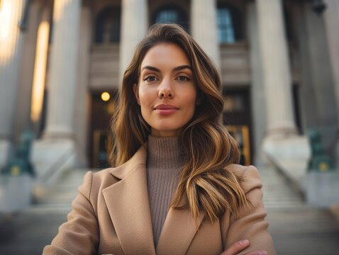 A femail lawyer standing confidently in front of a courthouse with a briefcase in hand