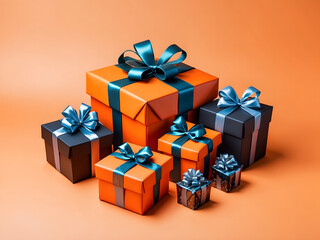 Obraz premium Elegantly wrapped and arranged two gifts on an orange background, a banner ad for Black Friday design