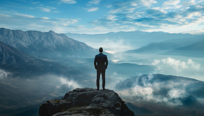 a man stands on the mountain and looks into the distance wearing business clothes , motivation for success, coach, personal growth, career growth, back view businessman on top of wealth and success