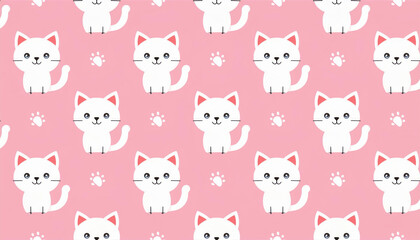 Cute white cats seamless pattern on pink background. Backgrounds, textures, wallpapers, banners, covers.