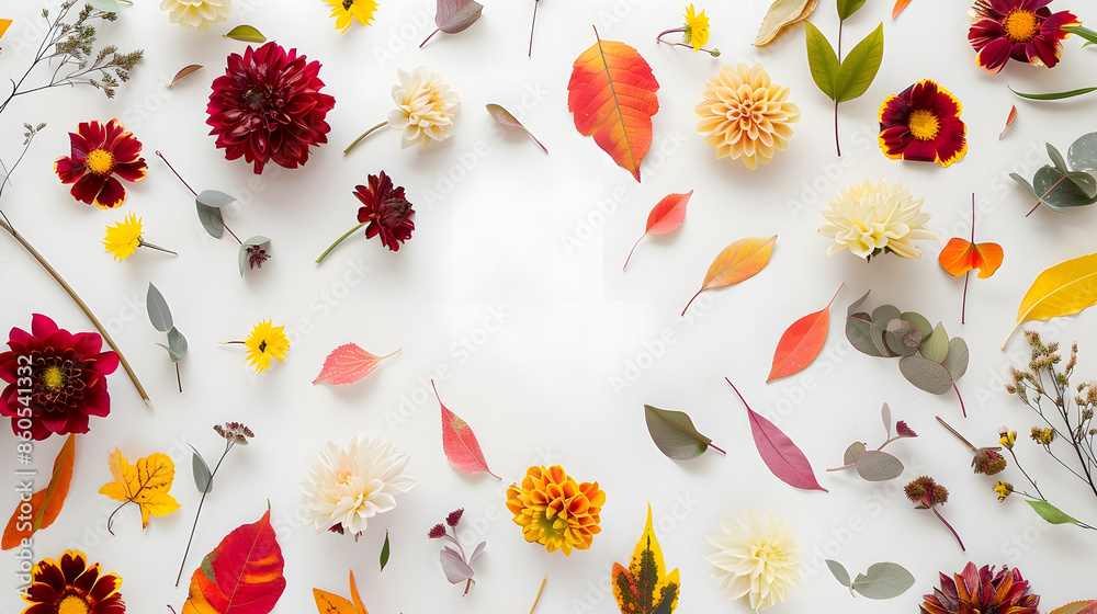 Poster autumn floral composition frame made of fresh flowers on white background autumn fall concept flat l